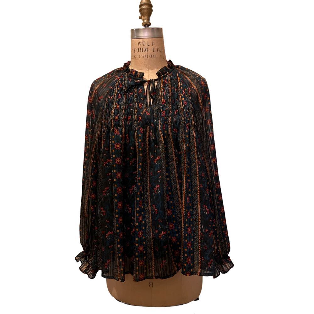 Hailey & Co Smocked Print Long Sleeve Tie Neck Blouse Top Size L